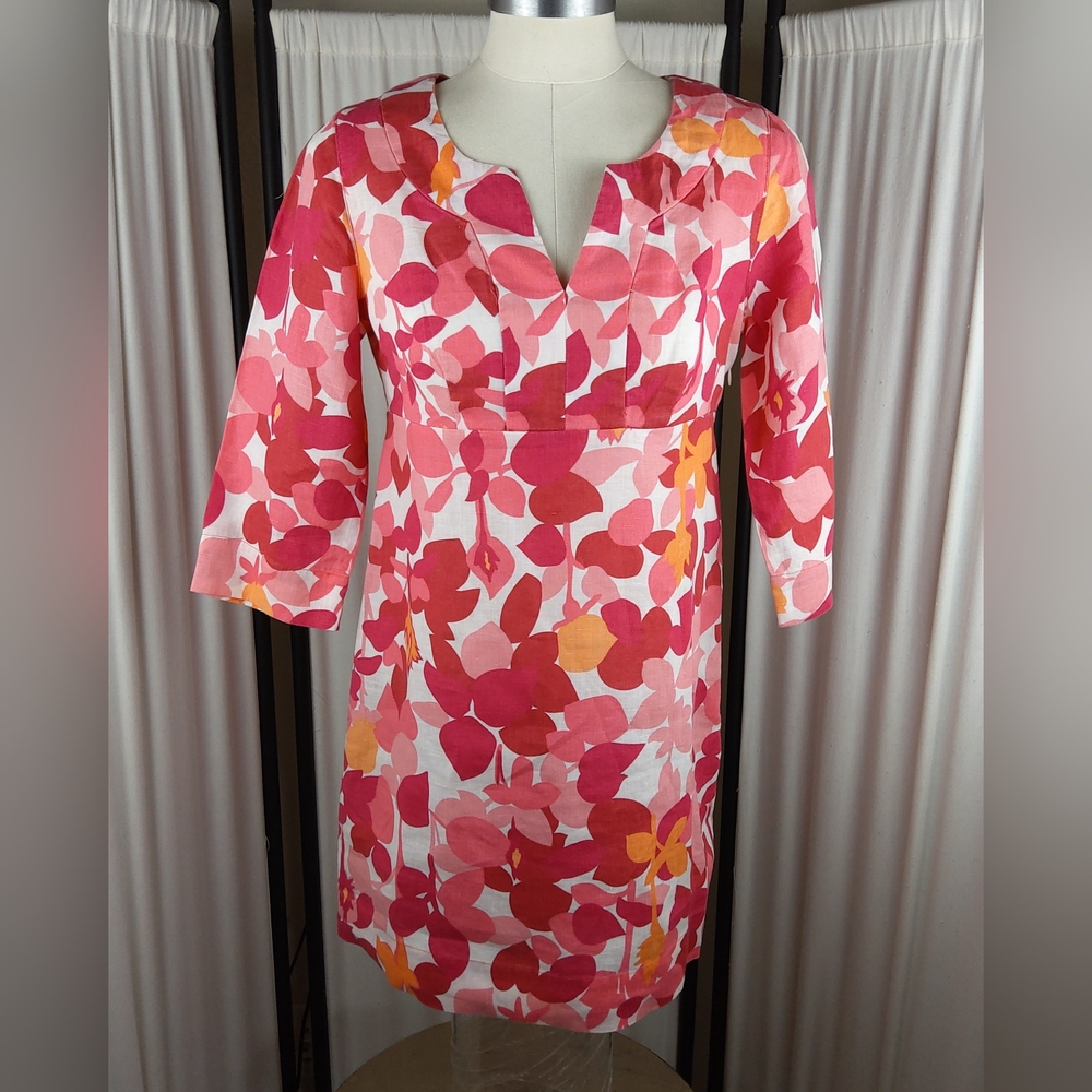 Boden 100% Linen Floral Leaf Print Pink 3/4‎ Sleeve Dress w/V-Neck Size 4P